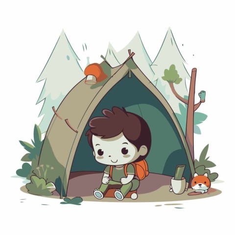 Cute boy camping in the woods in cartoon style