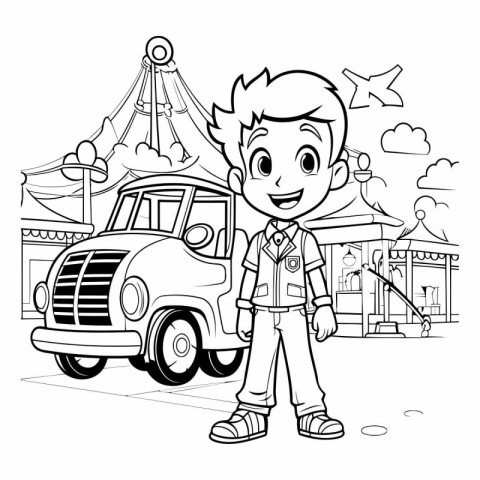 Cute cartoon boy with car for coloring book.