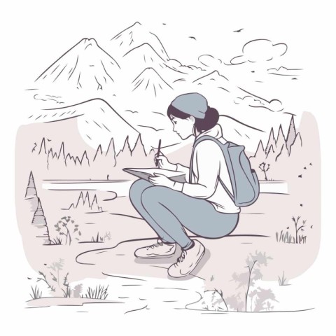 Vector hand drawn illustration of a young woman reading a book i