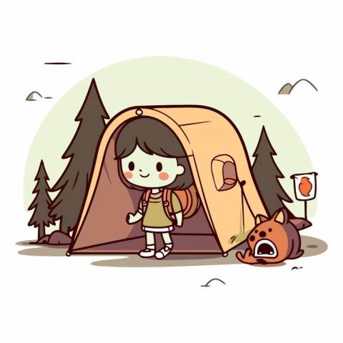 Cute little girl camping with her dog in a tent.