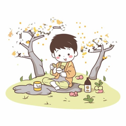 Illustration of a boy sitting in the park and playing with a dog