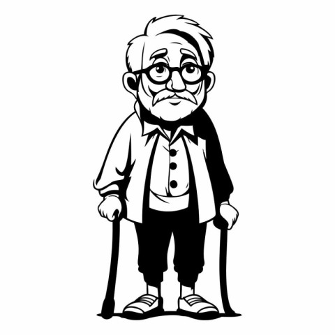 Old man with walking stick. Black and white vector illustration