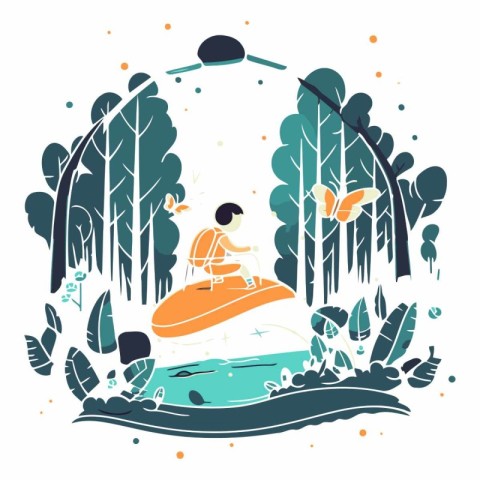 Vector illustration of a man sitting on a boat in the forest.