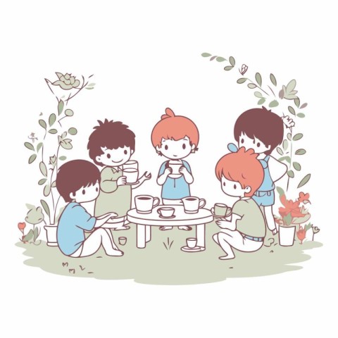 Illustration of a group of children drinking tea in the garden.