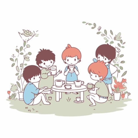 Illustration of a group of children drinking tea in the garden.