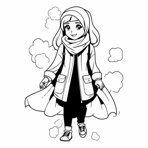 Cute cartoon girl in a coat and scarf.