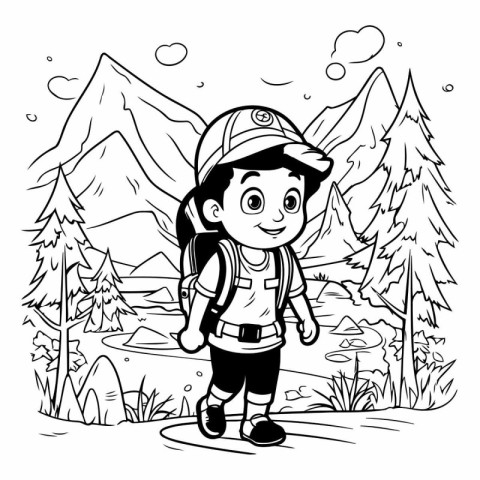 Boy with backpack and cap hiking in the mountains.