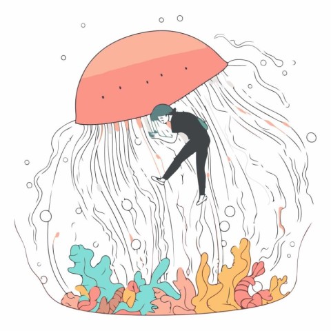 Vector illustration of a girl swimming under an umbrella in the