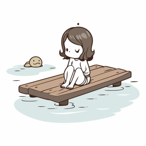 girl sitting on the wooden platform in the water.