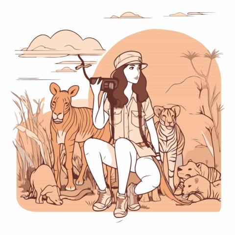 Vector illustration of a safari woman sitting on the ground with