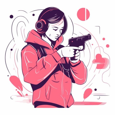 Girl in headphones with a gun in her hands.