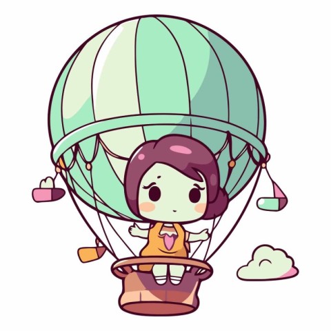 cute girl flying in hot air balloon cartoon vector illustration