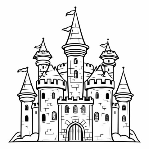 Fairytale castle. Black and white vector illustration for colori