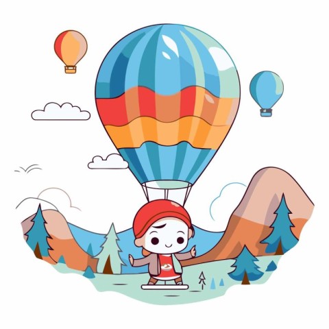 Cute little girl with hot air balloon in the mountains.