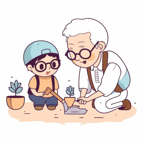 Grandfather and grandson gardening together in cartoon style.