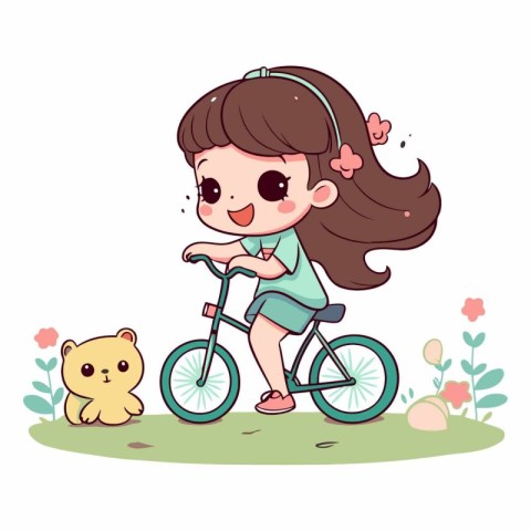 Cute little girl riding bicycle with teddy bear.