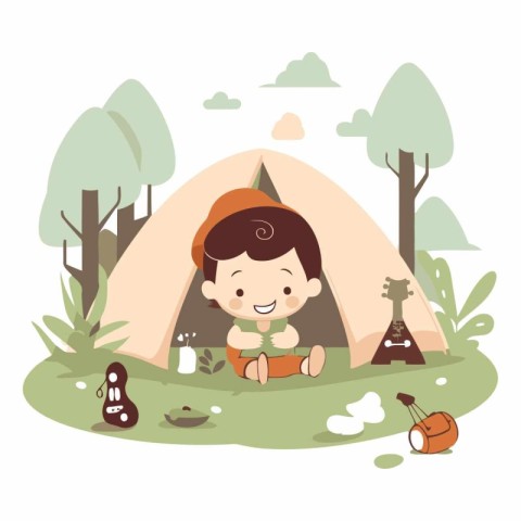 cute little boy camping in the forest. illustration in vector fo