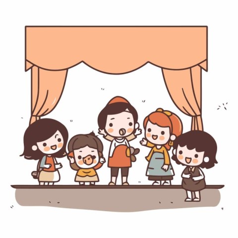 Illustration of children in front of a stage with a curtain.