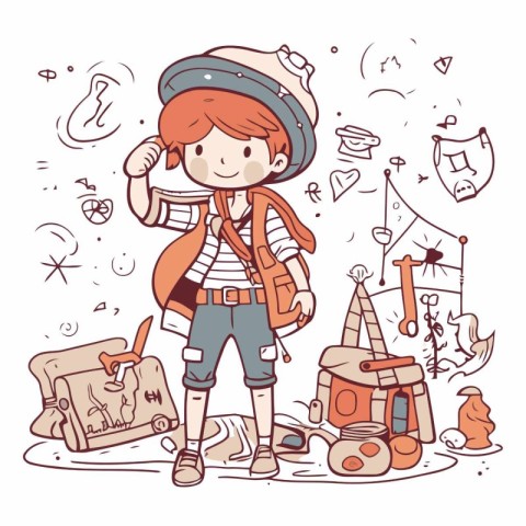 Cute little explorer boy with backpack and map.