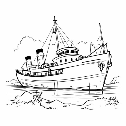 Fishing boat on the sea in sketch style.