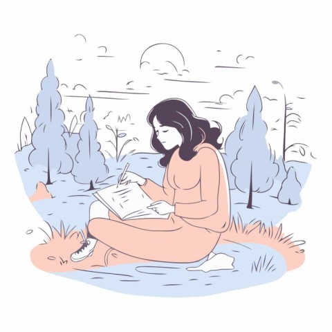 Girl reading a book in the park in a flat style.