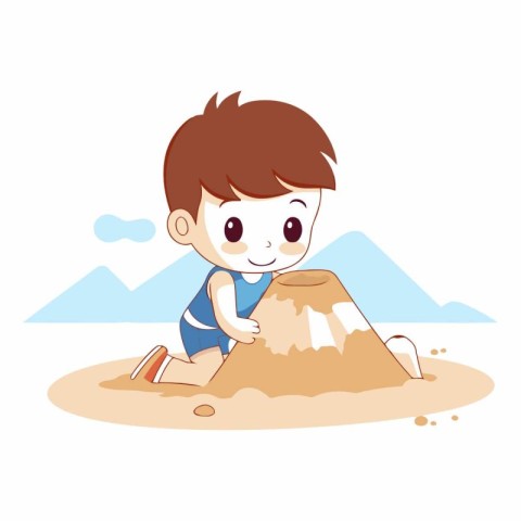 cute little boy playing sand castle on the beach vector illustra