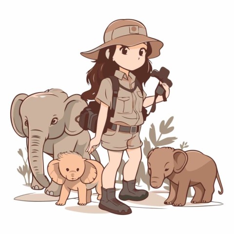 Illustration of a cute girl in safari outfit with elephant and m