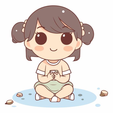 Illustration of a Cute Little Girl Sitting on the Floor and Pray