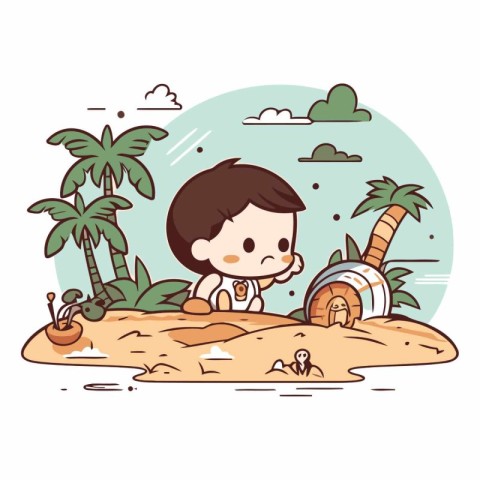 Boy playing on the beach in a flat style.