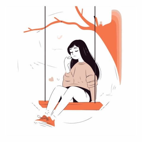 Sad girl sitting on the swing in sketch style.