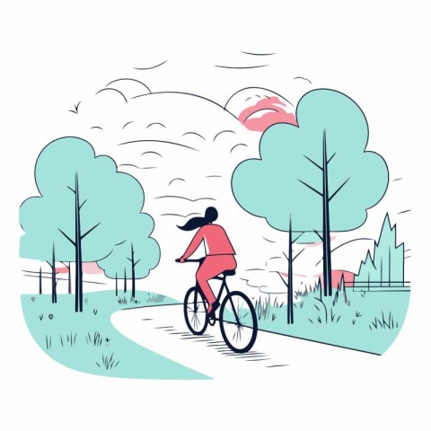 Woman riding bicycle in the park in flat style.