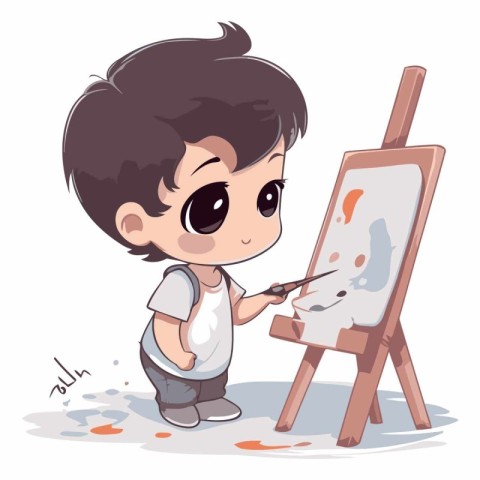 Cute little boy painting on easel. Vector cartoon illustration.