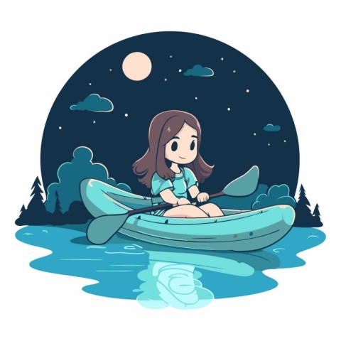 Illustration of a Little Girl Kayaking in the River at Night