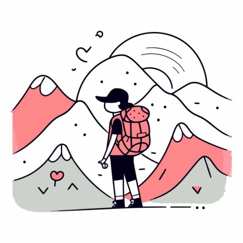 Vector illustration of a woman with a backpack hiking in the mou