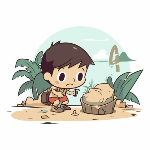 Little boy playing on the beach with piggy bank.