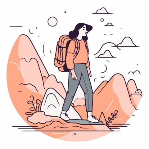 Vector illustration of a woman with a backpack on the background