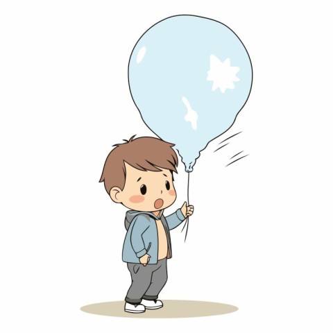 Illustration of a Little Boy Holding a Blue Balloon on a White B