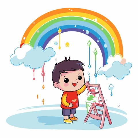 cute little boy painting rainbow with ladder and rainbow vector