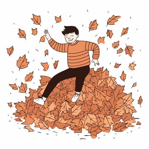 Happy man jumping on a pile of autumn leaves.