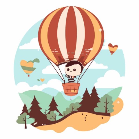 Cute little boy flying on hot air balloon.