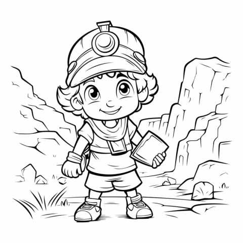 Black and White Cartoon Illustration of Little Fireman or Firema