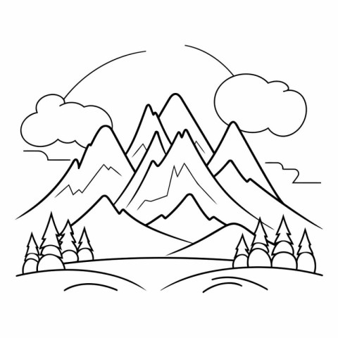 Outline mountain landscape with trees and clouds for your design