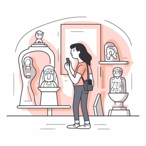 Woman looking at ancient statues in museum in thin line style