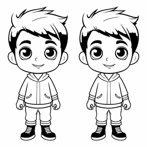 cute little boy and girl cartoon in black and white vector illus