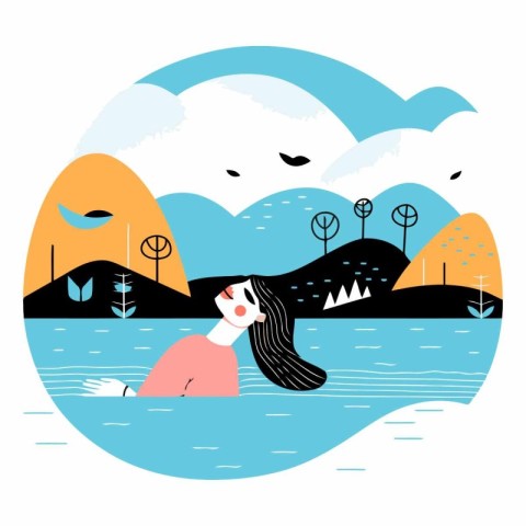 Vector illustration of a girl in the lake in flat style.