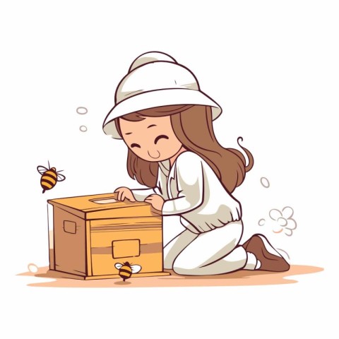 Cute little beekeeper girl with box of honey.