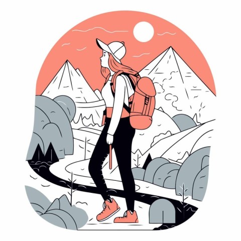 Vector illustration of a girl with a backpack walking in the mou