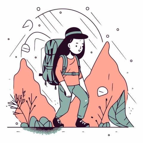 Vector illustration of a girl hiker in the mountains with a back