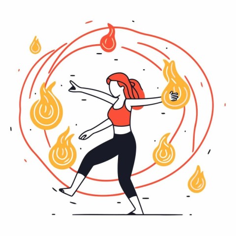 Fitness woman running with burning fire in line art style.