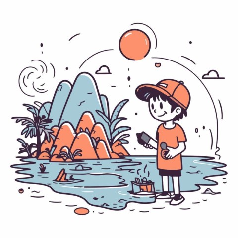 Vector illustration of a boy cleaning the lake with a shovel and